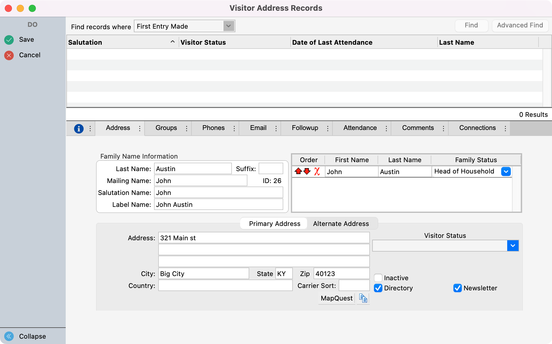 Picture of the Visitor Address Record window. 