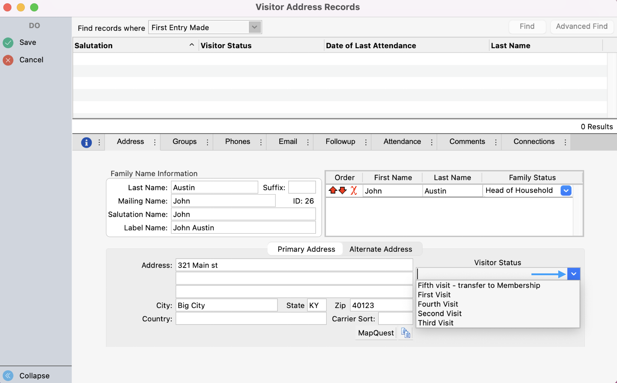 Visitor Address Record window with an arrow pointing to the Visitor Status drop-down field.