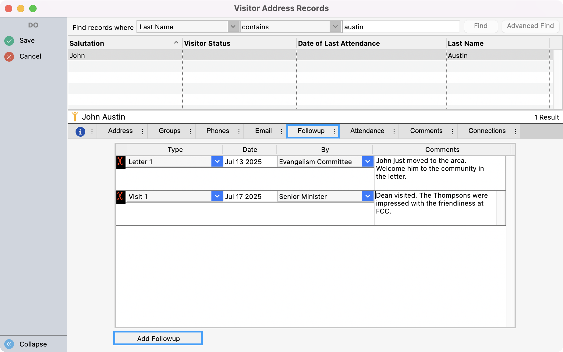 Visitor Address Record window with Followup tab and Add Followup button highlighted.