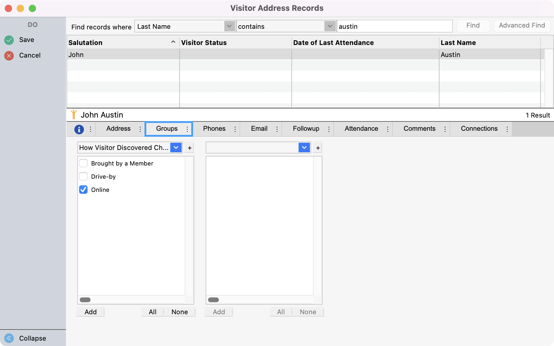 Visitor Address Records with the Groups tab highlighted.