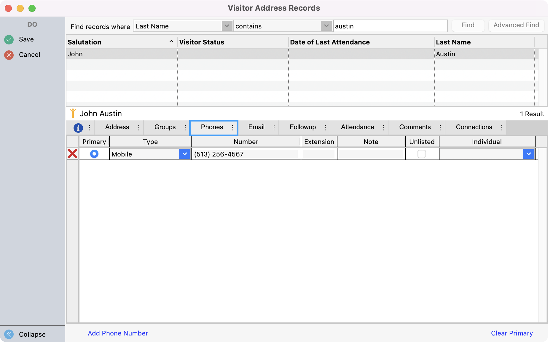 Visitor Address Record window with the Phones tab highlighted. 