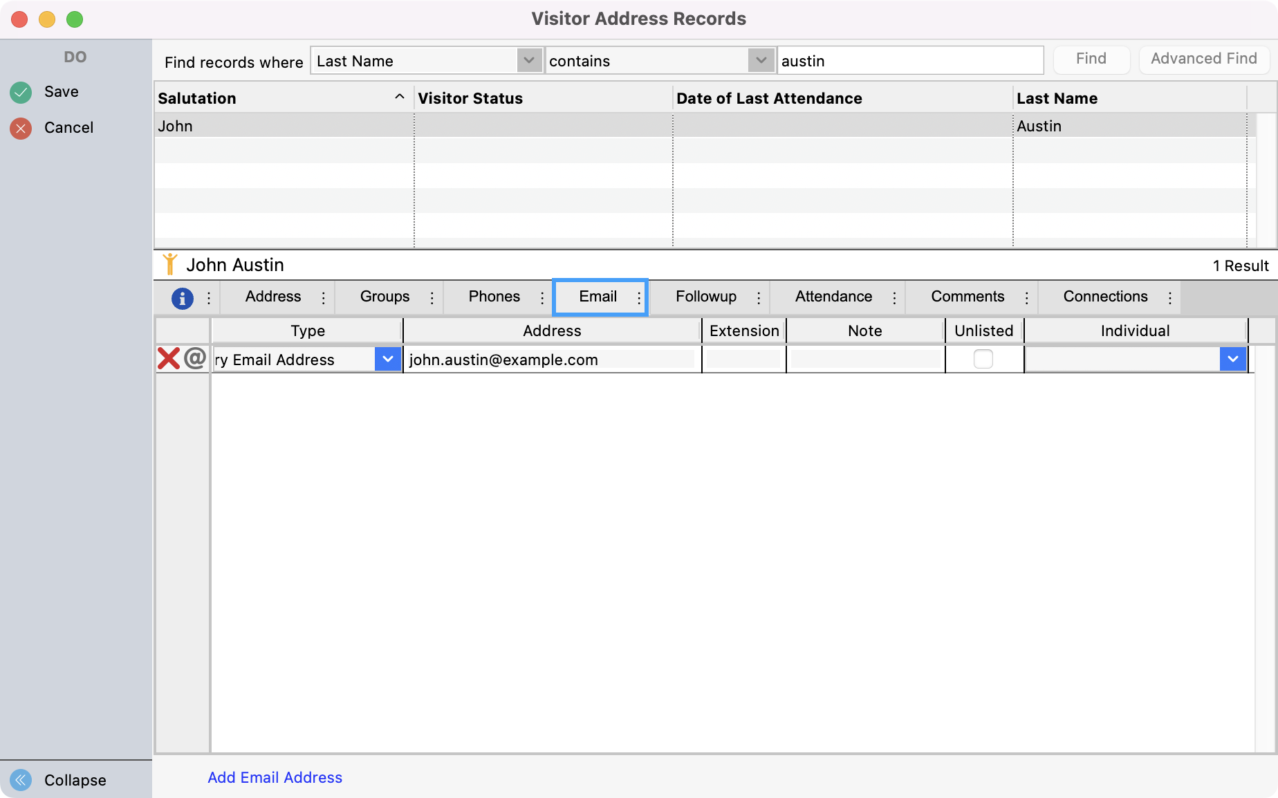 Visitor Address Record window with the Email tab highlighted