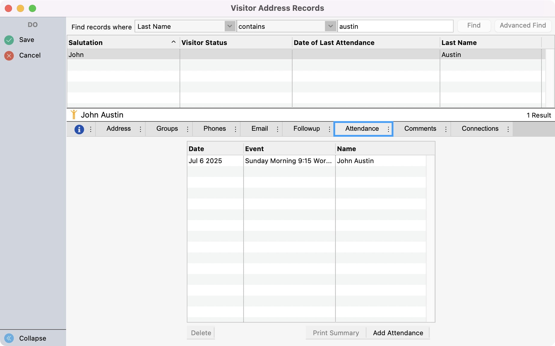 Visitor Address Records window with the Attendance tab highlighted. 