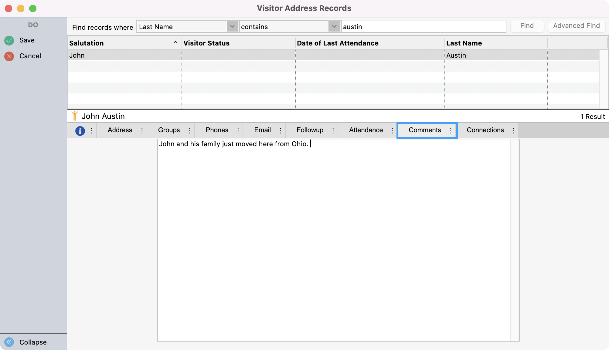 Visitor Address Record window with the Comment tab highlighted.