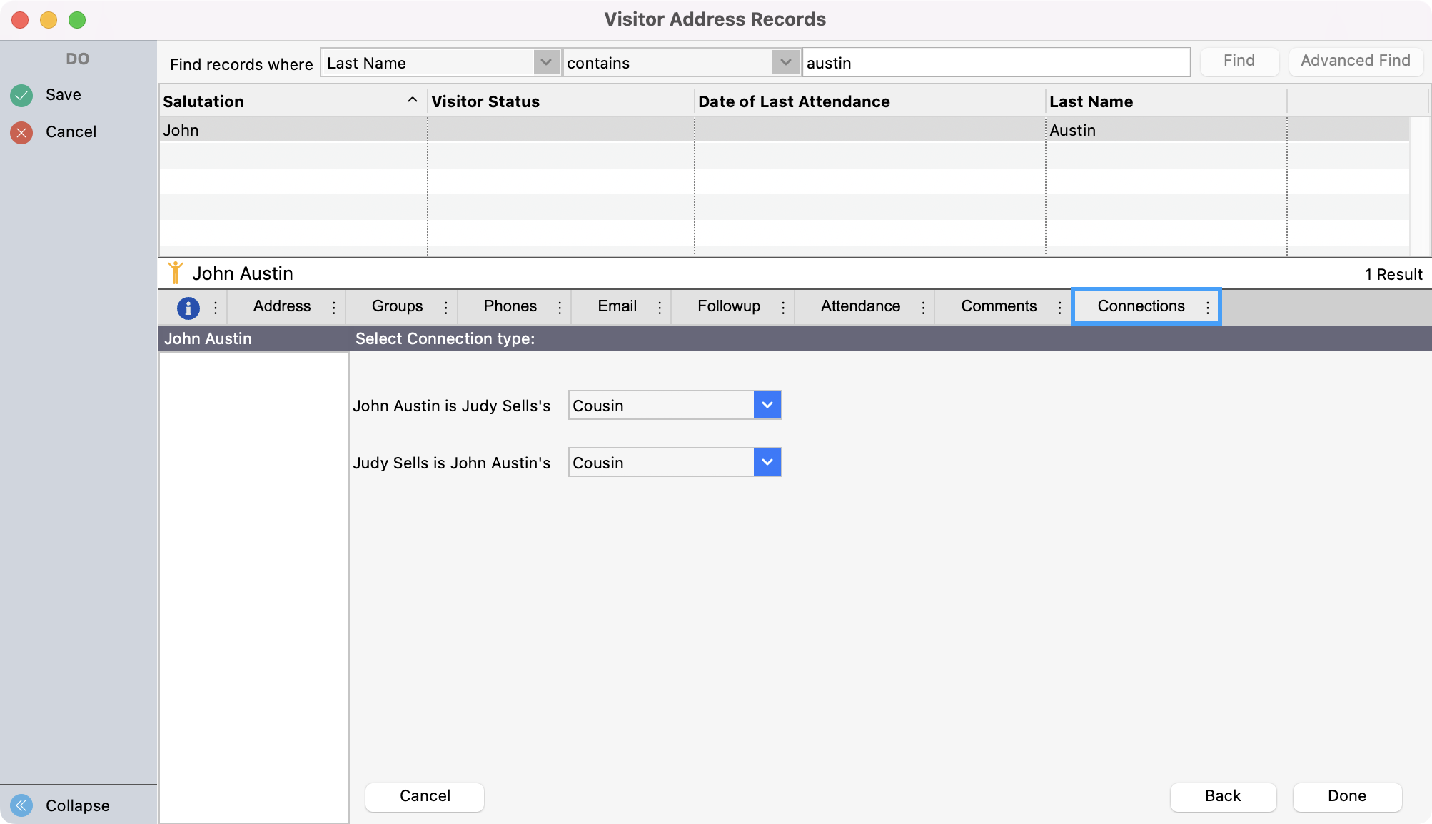 Visitor Address Records window with the Connections tab highlighted.