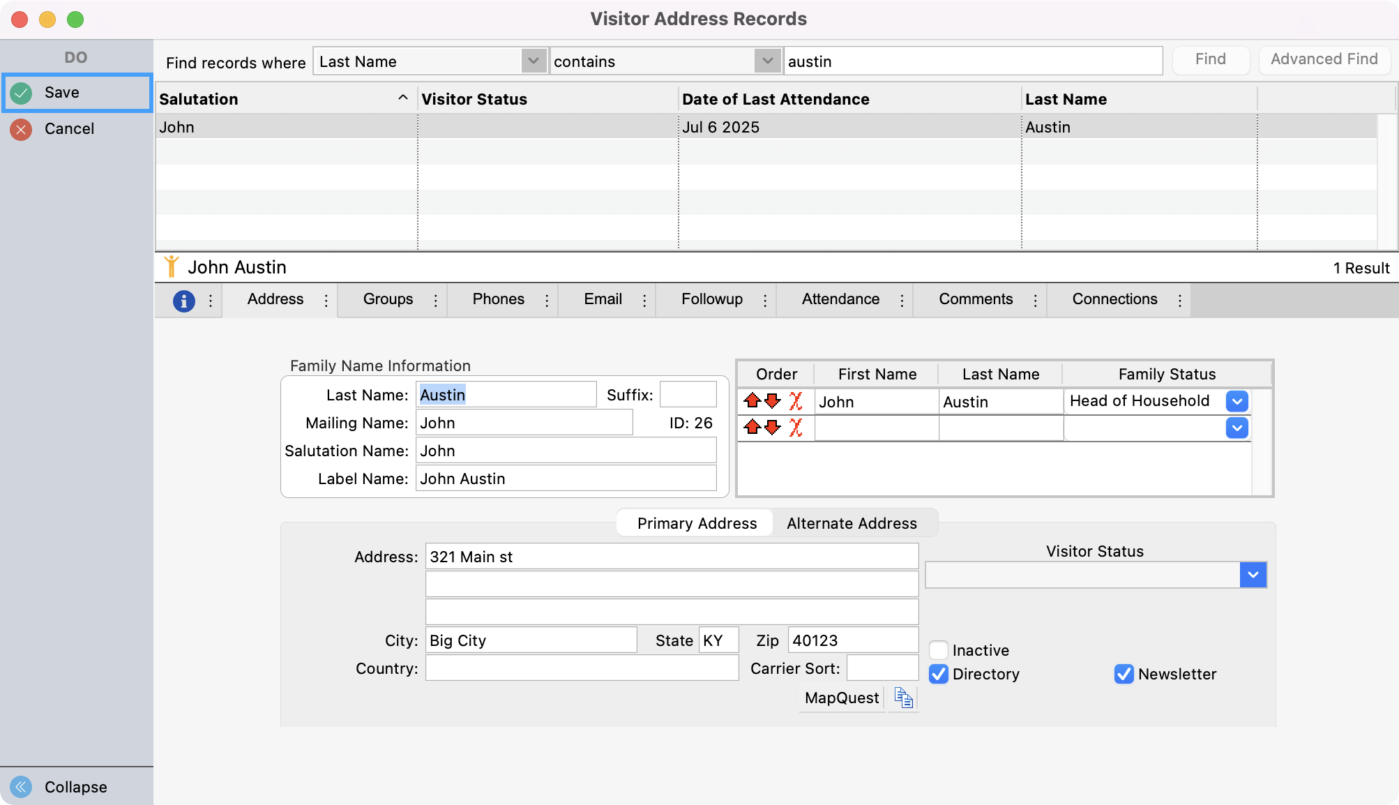 Visitor Record Window with the Save button in the upper left-hand corner highlighted.