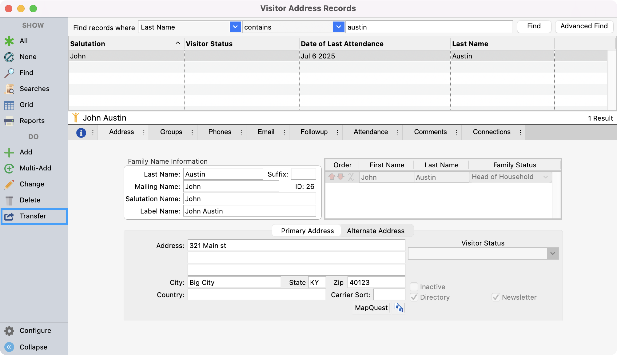 Visitor Address Record with Transfer button highlighted in the left sidebar.