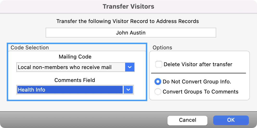 Transfer Visitors pop-up window with Code Selections highlighted.
