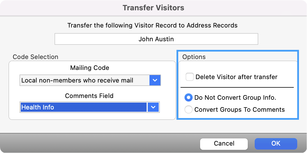 Transfer Visitors pop-up window with Options highlighted.