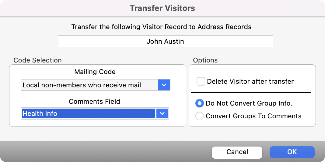 Transfer Visitors pop-up window.