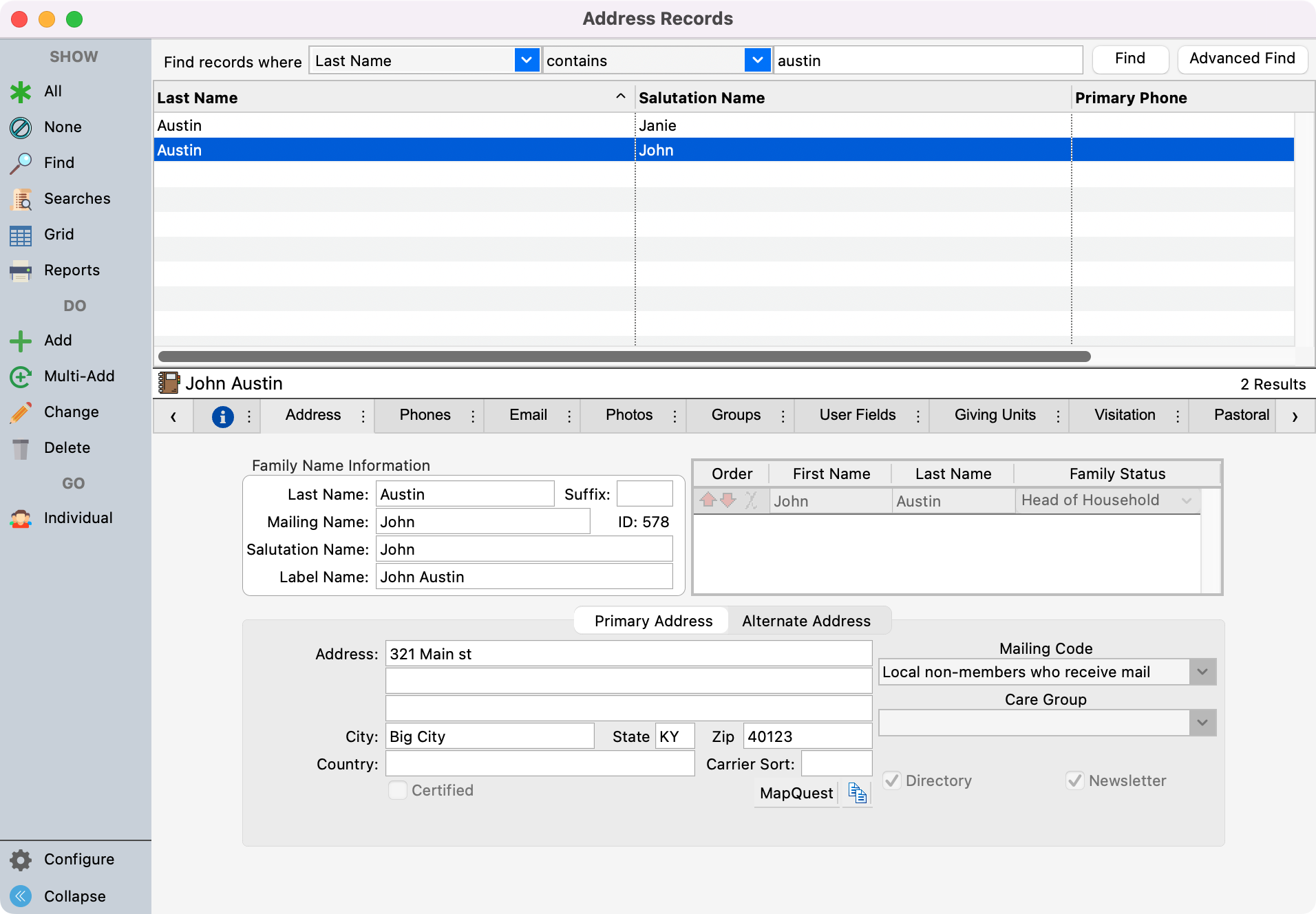 Address Records window highlighting the newly created Address record that was transferred. 