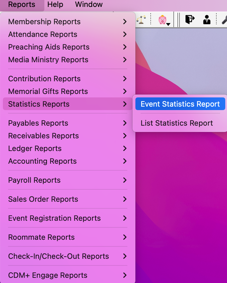 Navigation path to Event Statistics Reports.