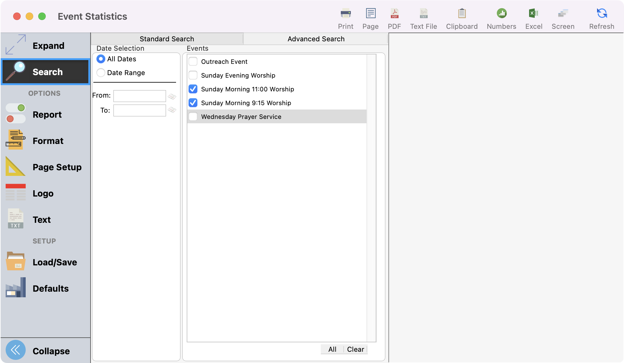 Event Statistics window with Search highlighted in the left sidebar. 