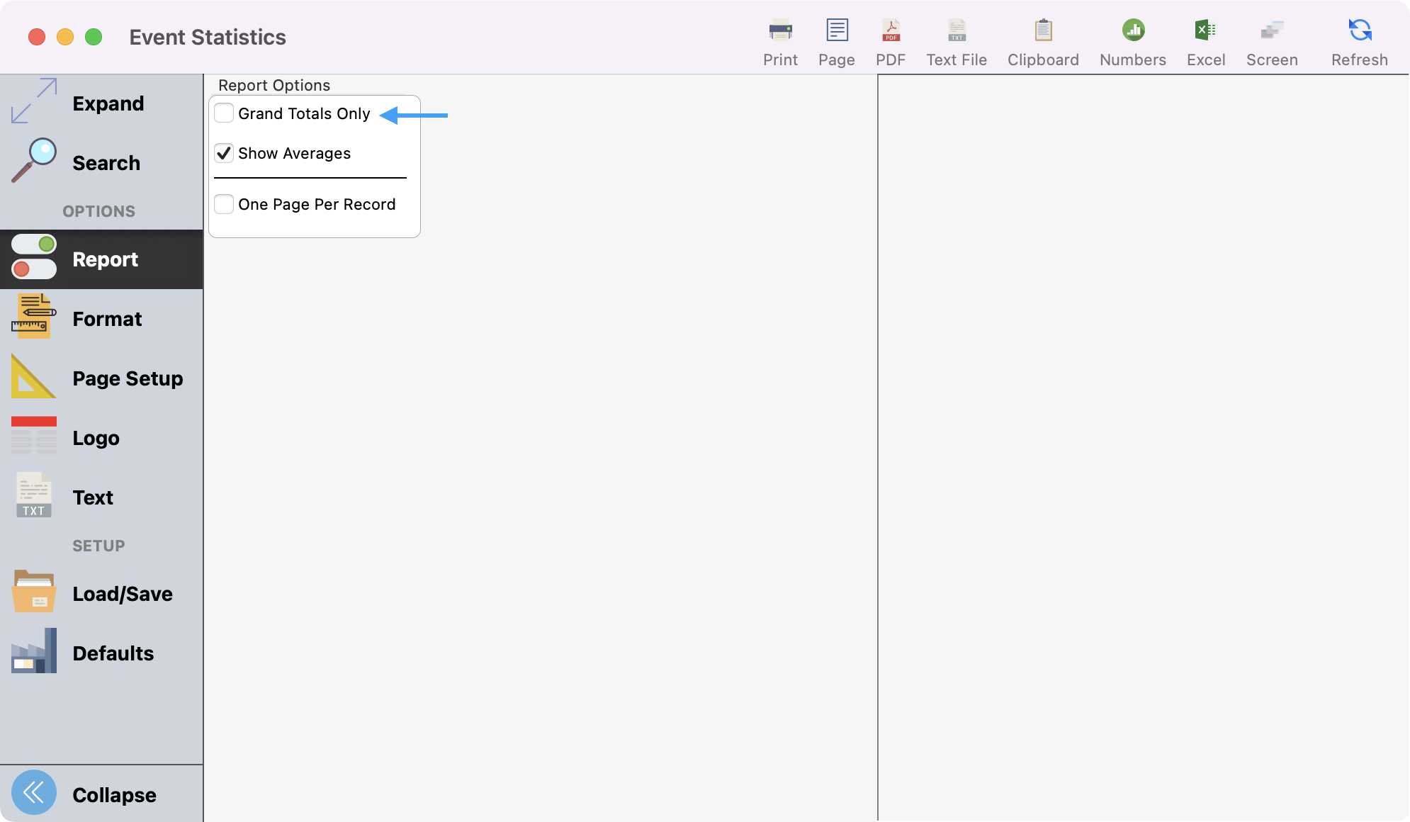 Event Statistic window with an arrow pointing to the Grand Totals Only checkbox. 