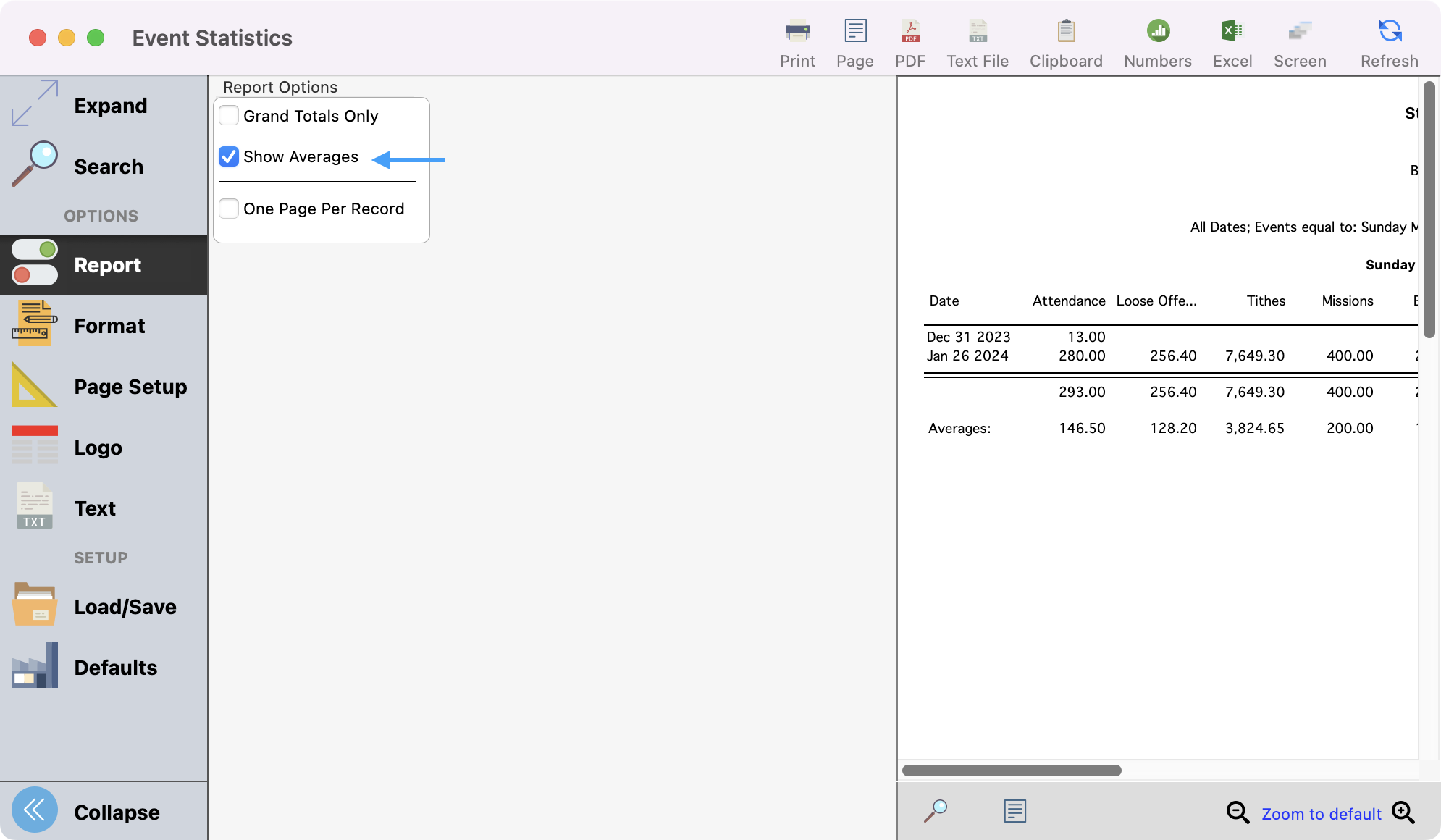 Event Statistics window with an arrow pointing to the Show Averages checkbox. 