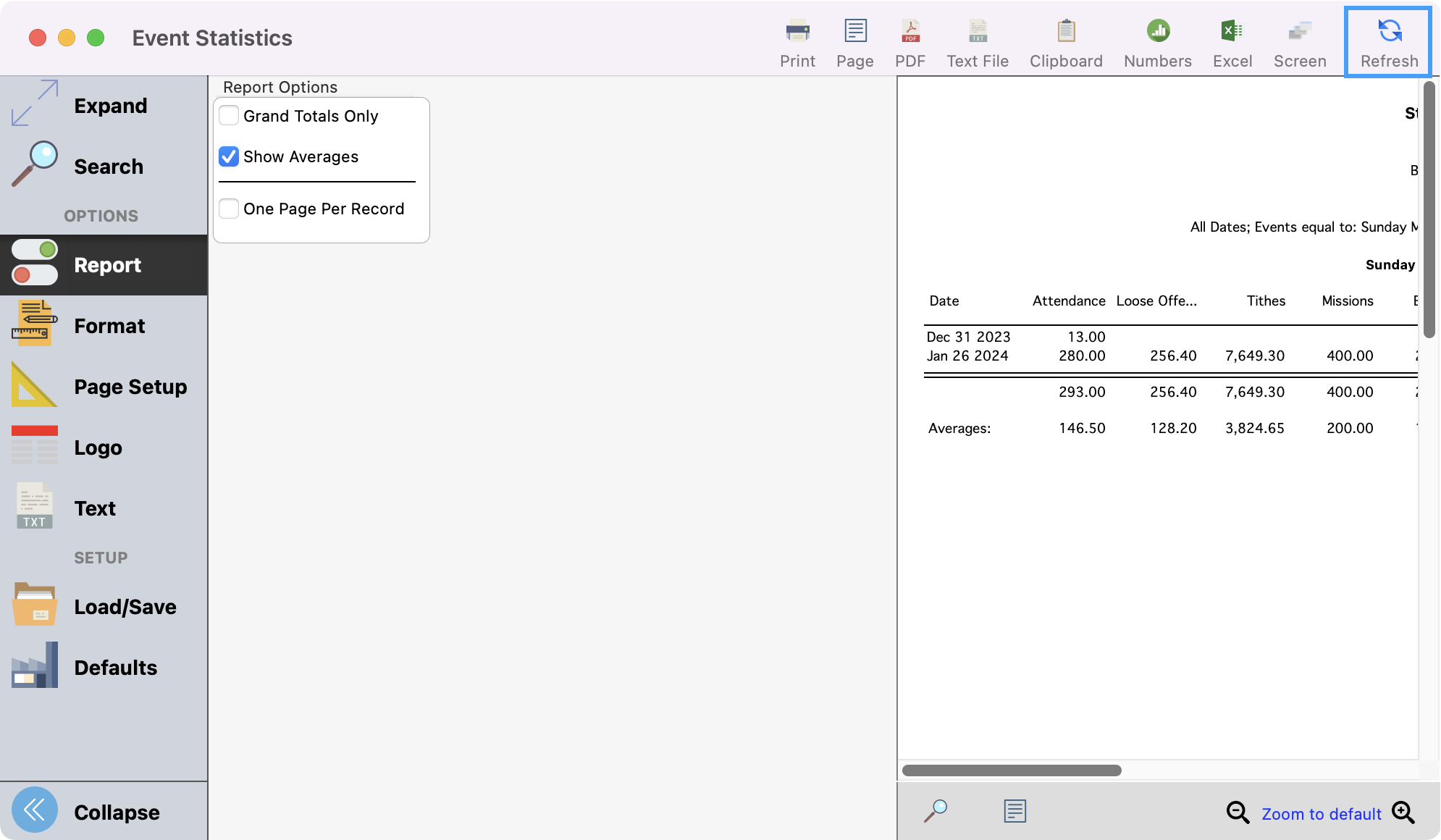 Event Statistics window with Refresh highlighted in the upper right-hand corner.