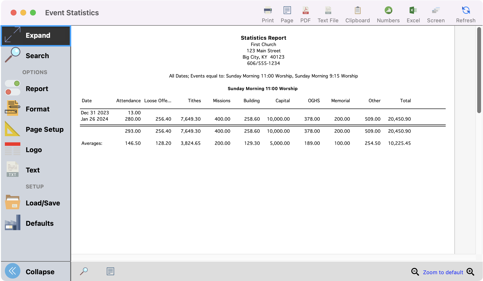The Events Statistics window with Expand in the left sidebar highlighted.