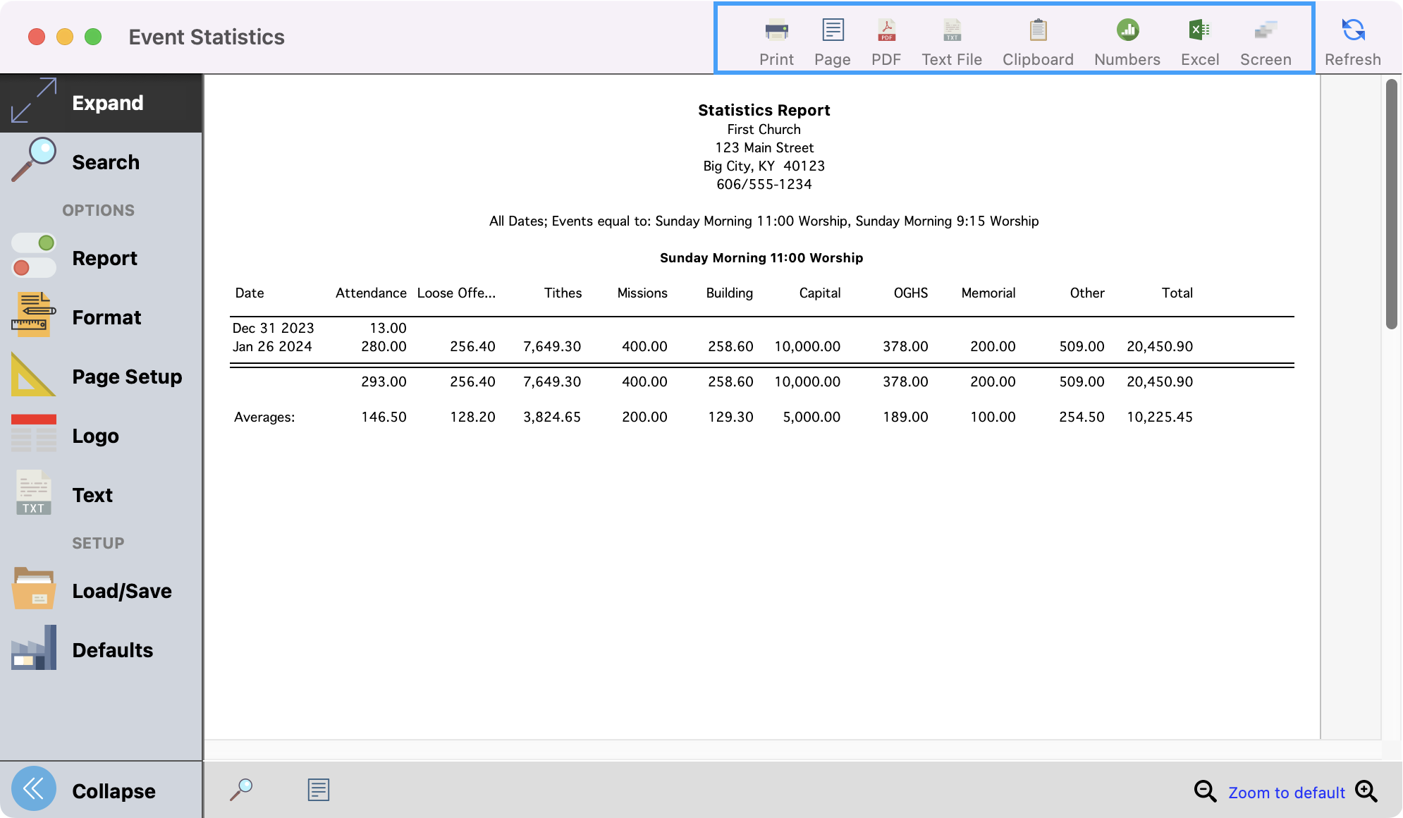 Event Statistics report with the print and export options highlighted in the upper right-hand corner.