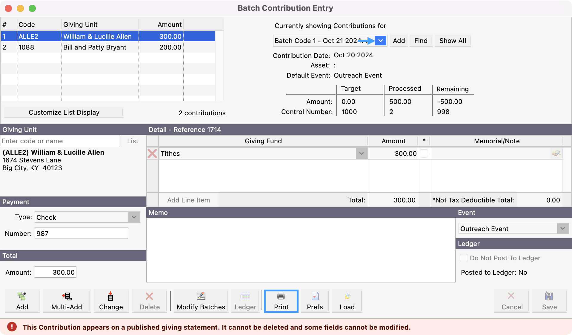 Batch Contribution Entry window with an arrow pointing to the batch drop-down field and Print highlighted in the bottom of the window.