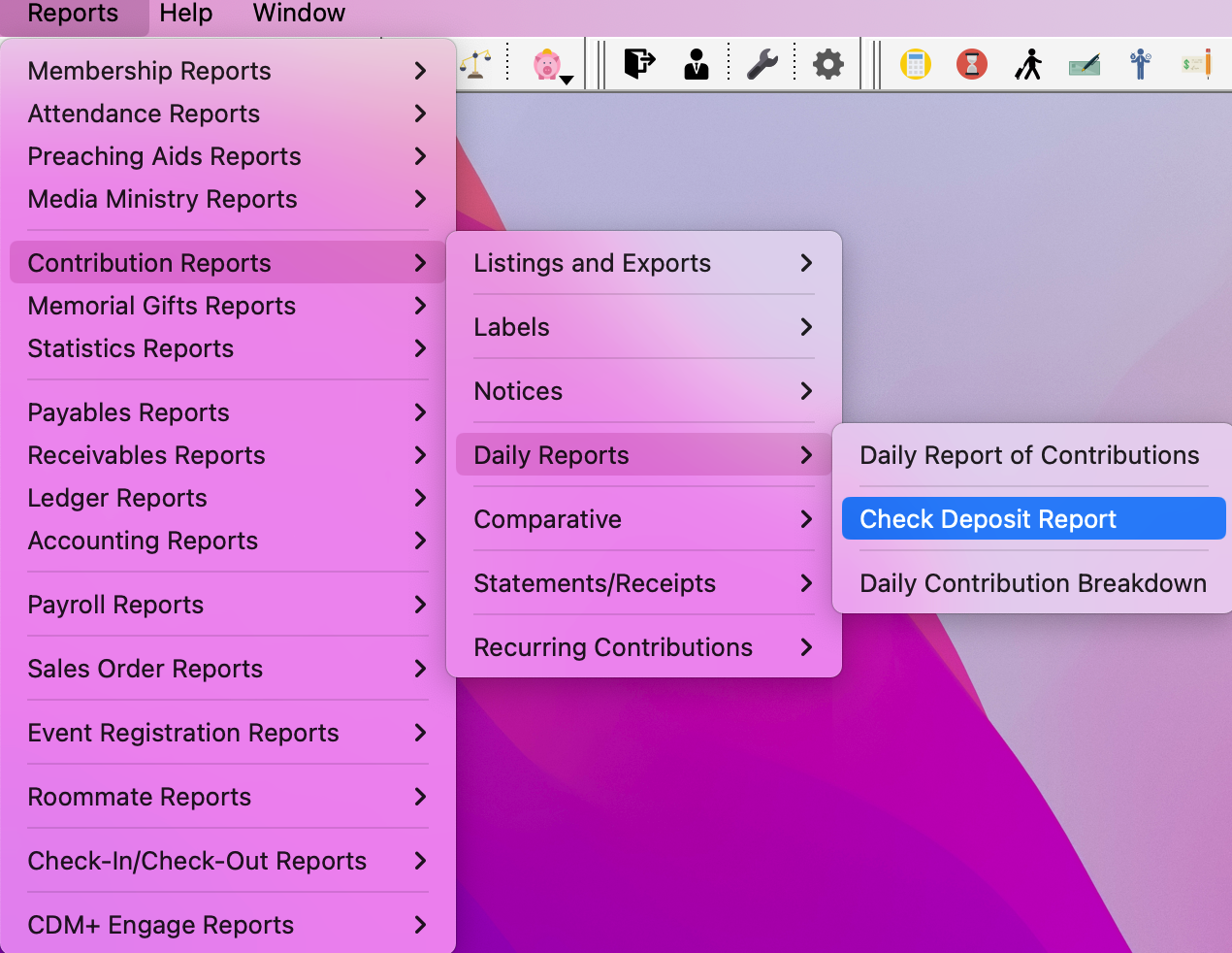 Navigation path to the Check Deposit Report.