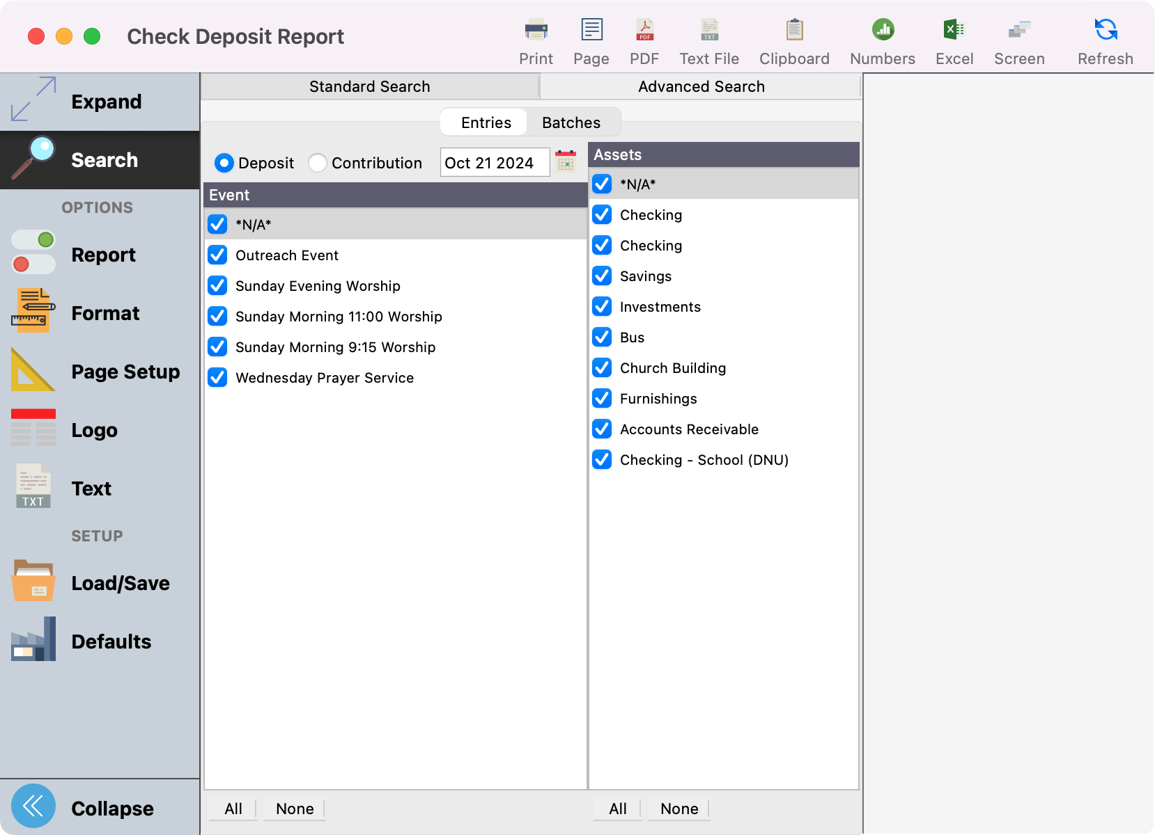 Check Deposit Report window.