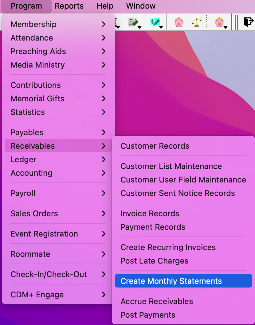 Picture of Navigation path to Create Monthly Statements.