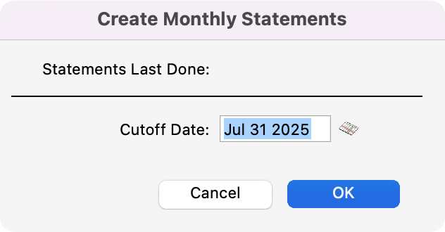 Create Monthly Statements pop-up.