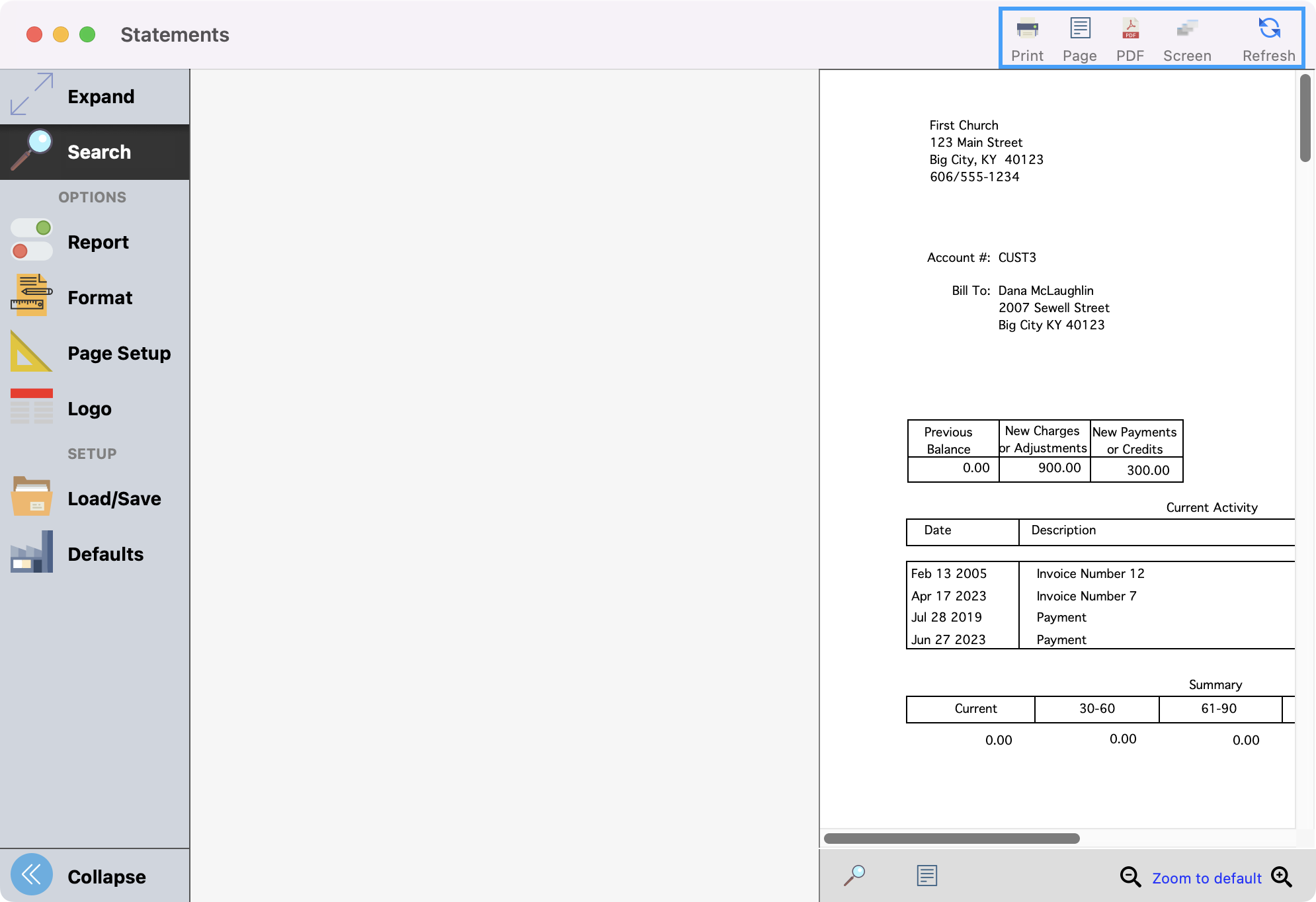 Statements report window with the print, export, and refresh options highlighted.