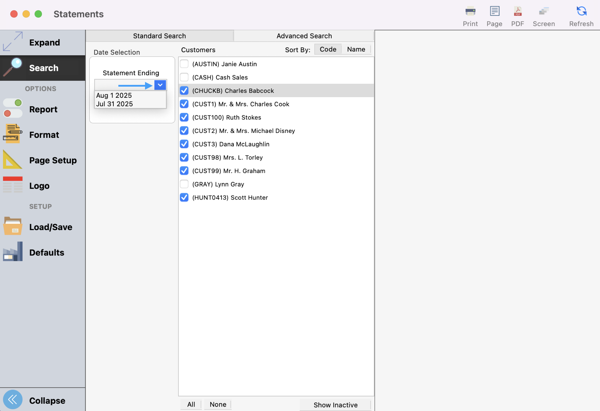 Statements window with Statements Ending drop-down field highlighted.