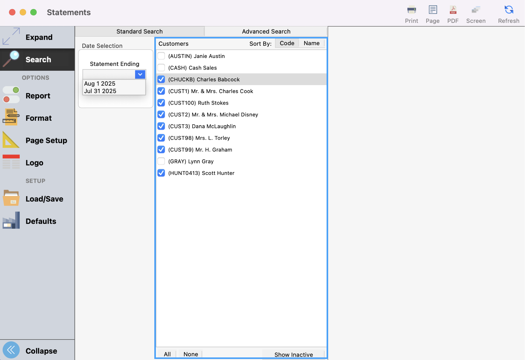 Statements window with the Customer list highlighted.