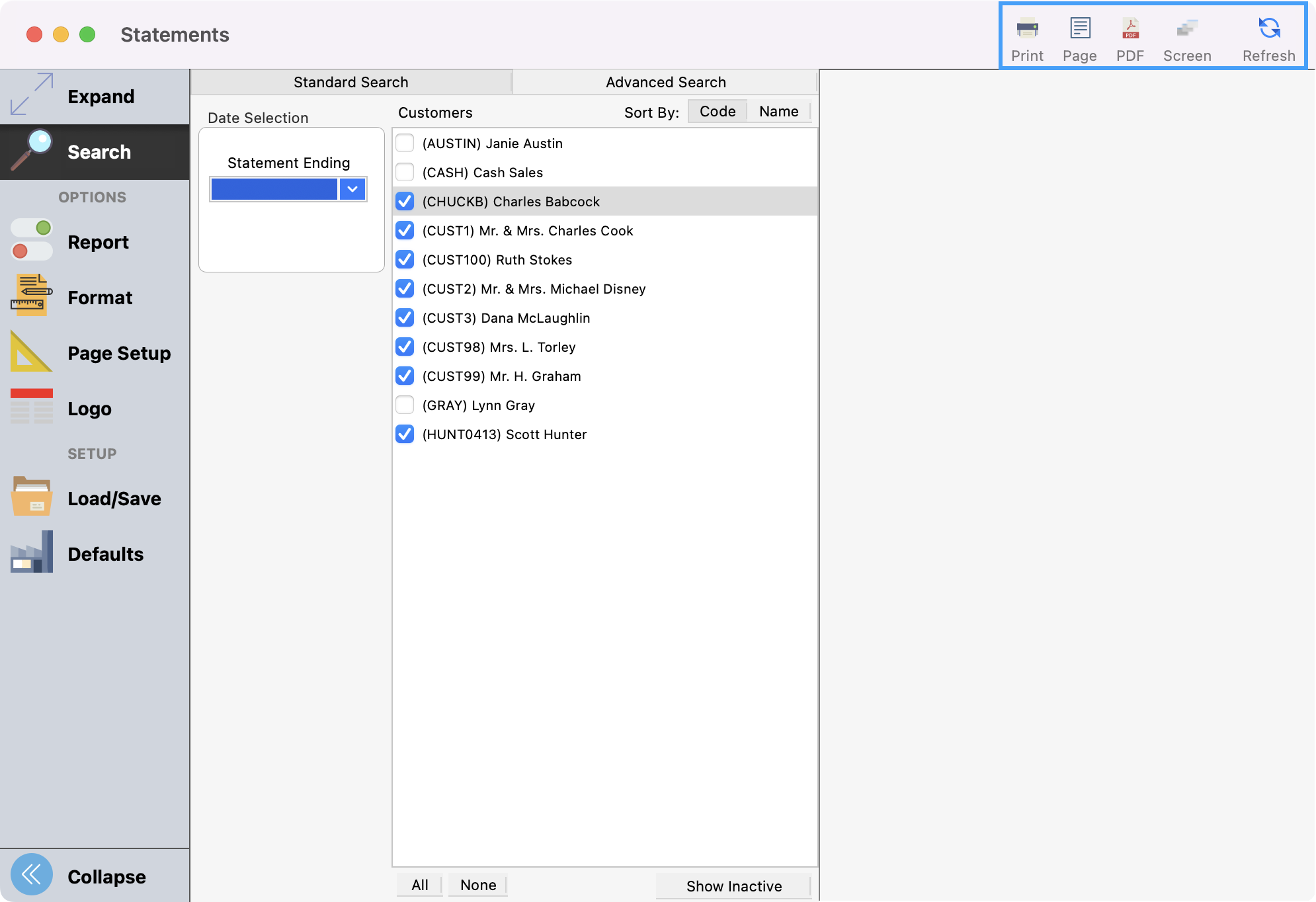 Statements window with print, export, and refresh options highlighted.