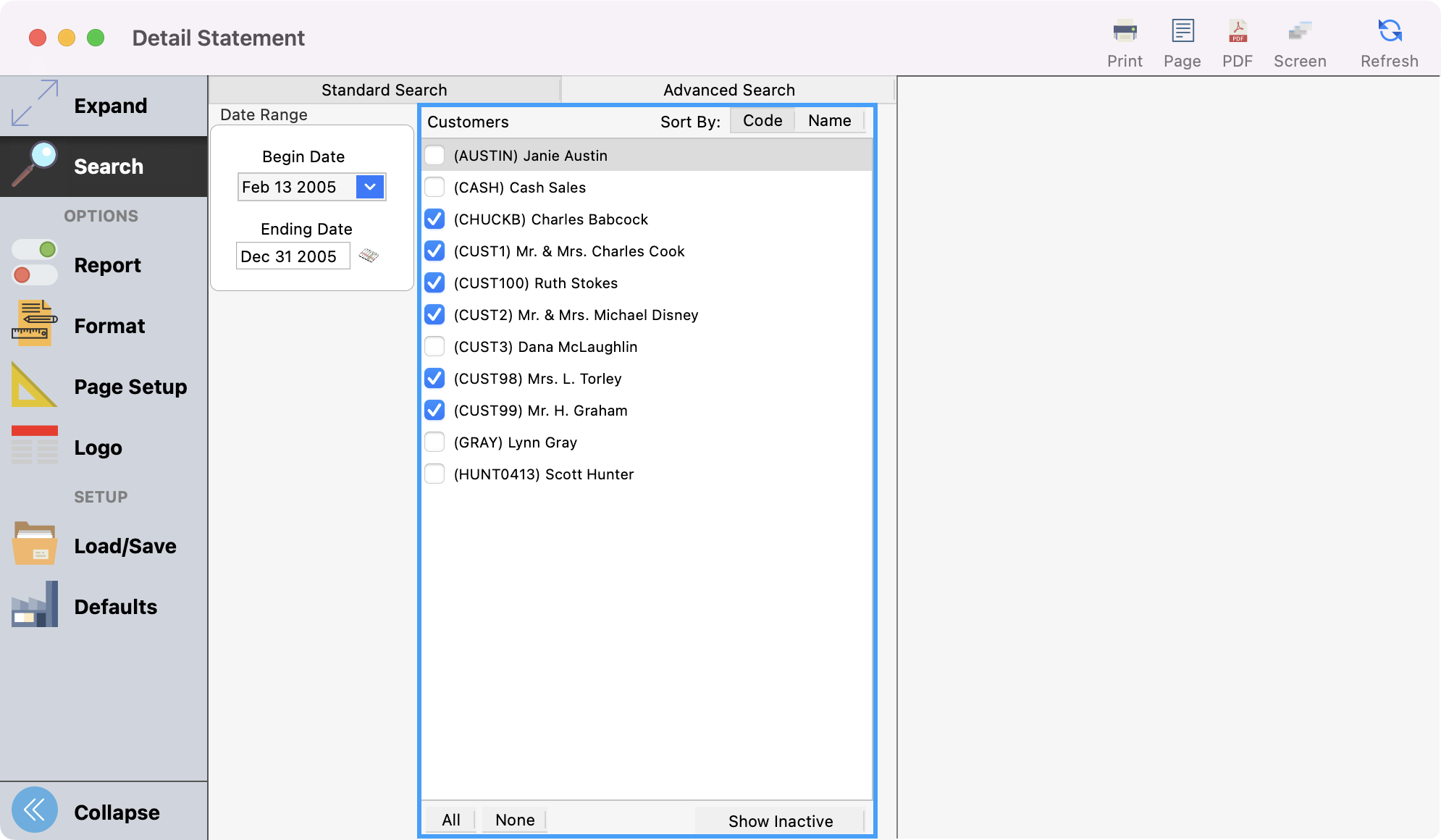 Detailed Statement window with Customers highlighted.