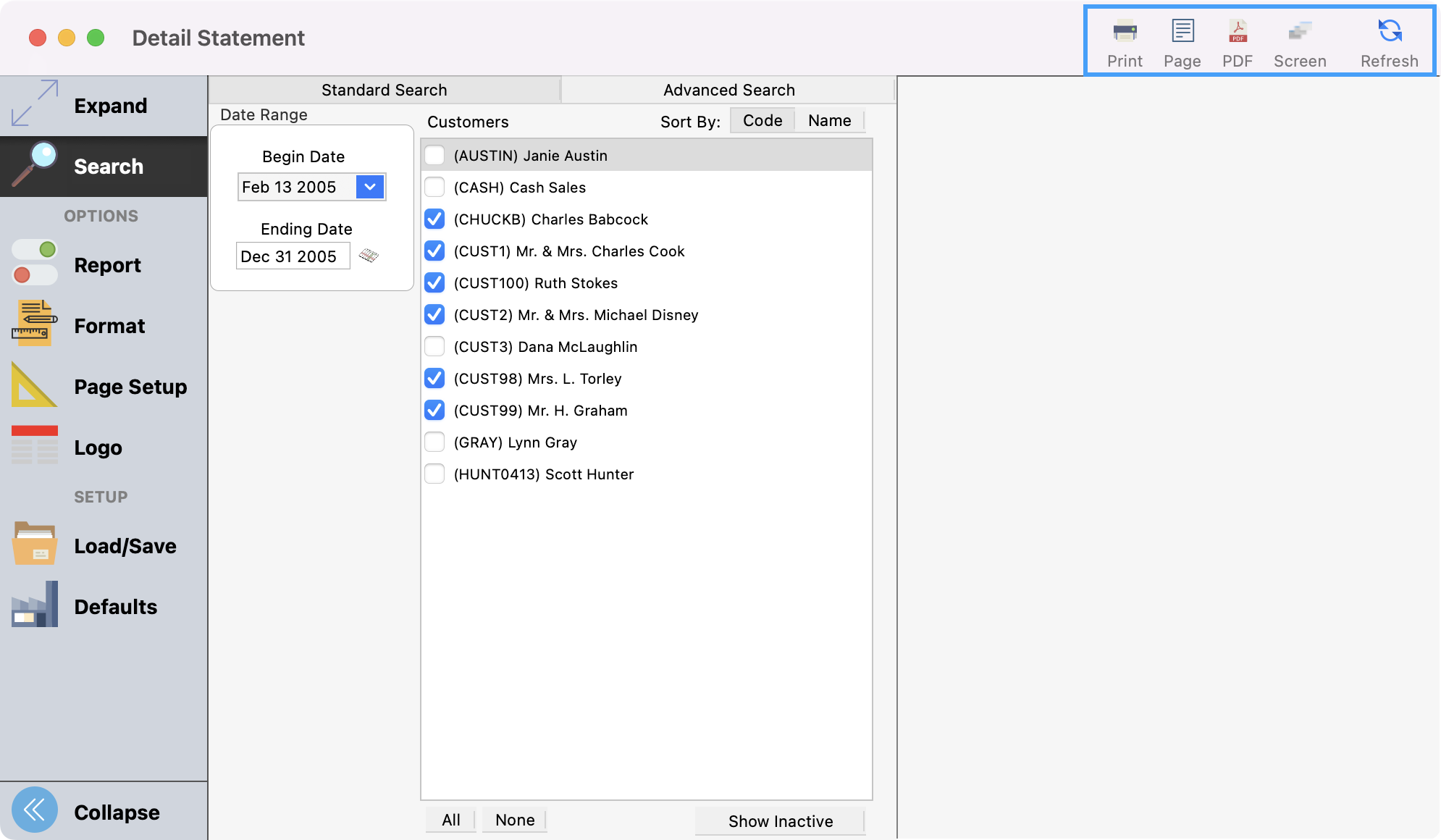 Detailed Statement window with print, export, and refresh options highlighted. 