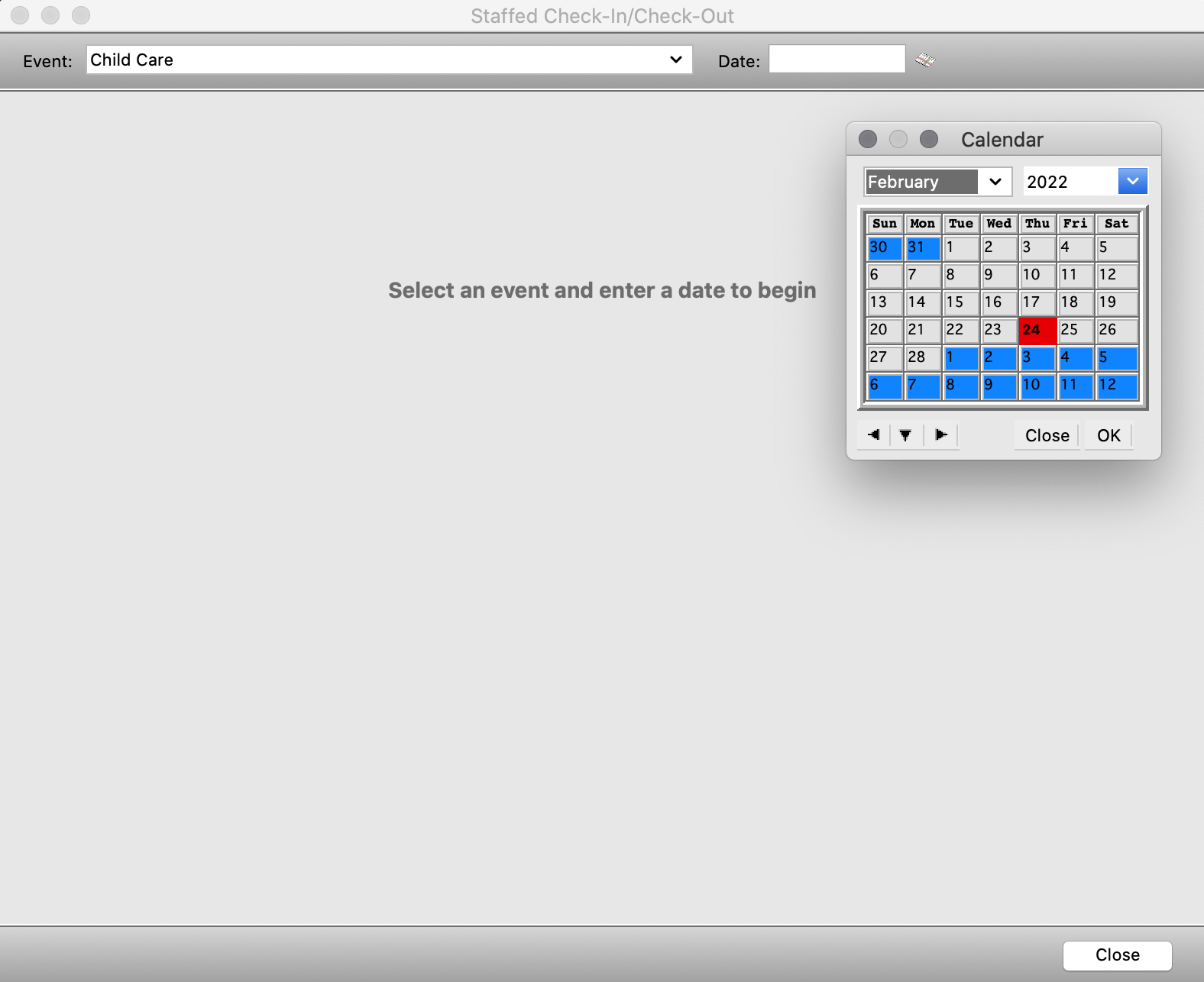 Staffed Check-in Check-Out window with the Date Calendar open.