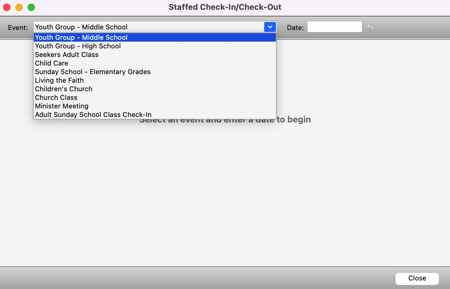 Staffed Check-In Check-Out with with the events drop-down field opened. 