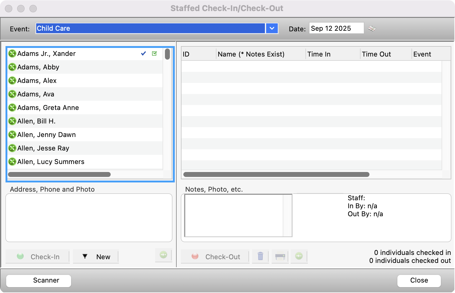 Staffed Check-In check-out window with individual list highlighted.