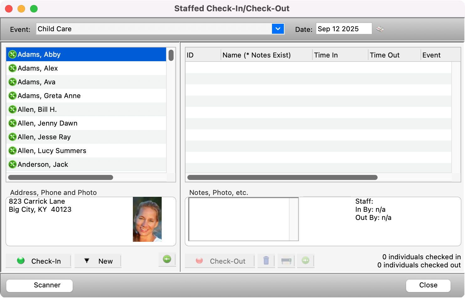 Staffed Check-In Check-Out window with an individual selected and their information displayed below.