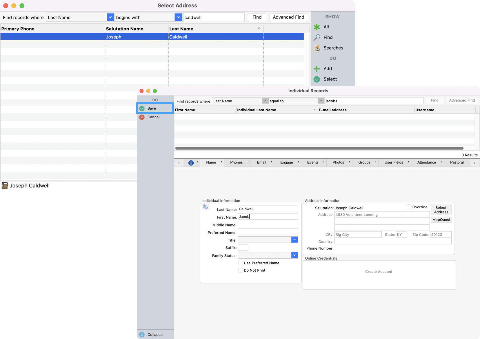 Showing the select Address box and Add Individual Records.