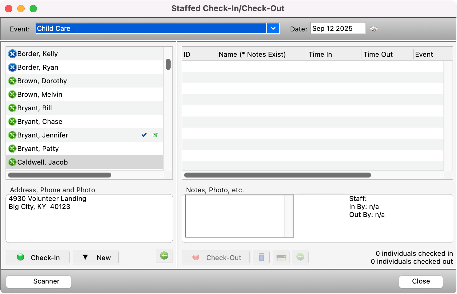 Staffed Check-In Check-Out window with the individual added in the individual list. 