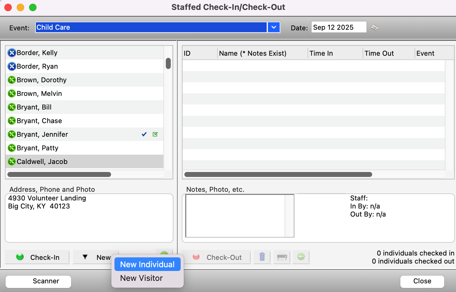 Staffed Check-In check-out window with the new Individual button highlighted.