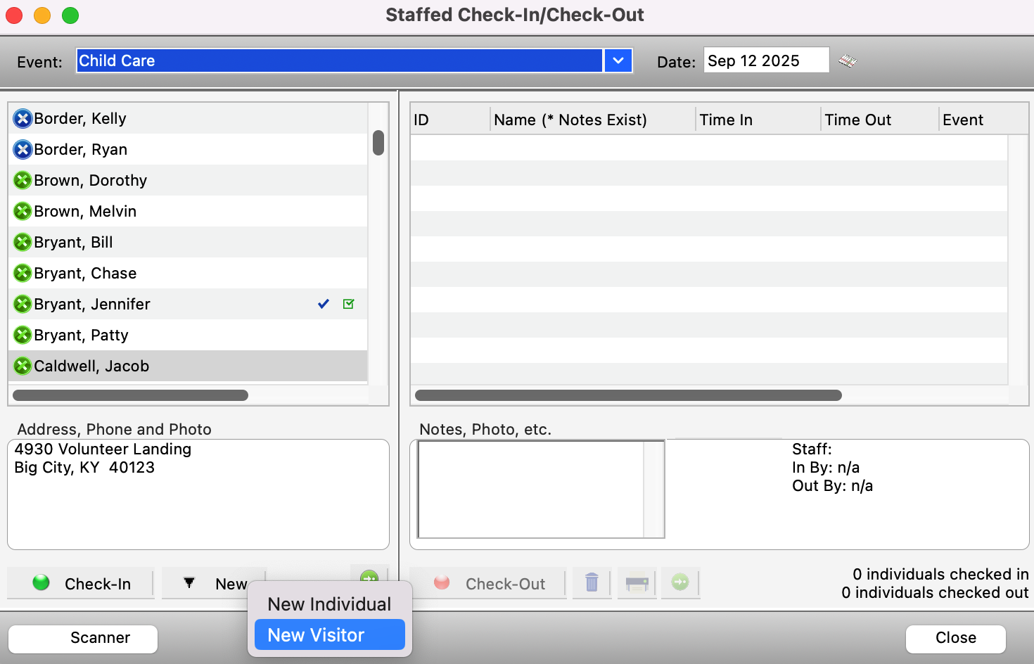 Staffed Check-In check-out window with the new Visitor button highlighted. 