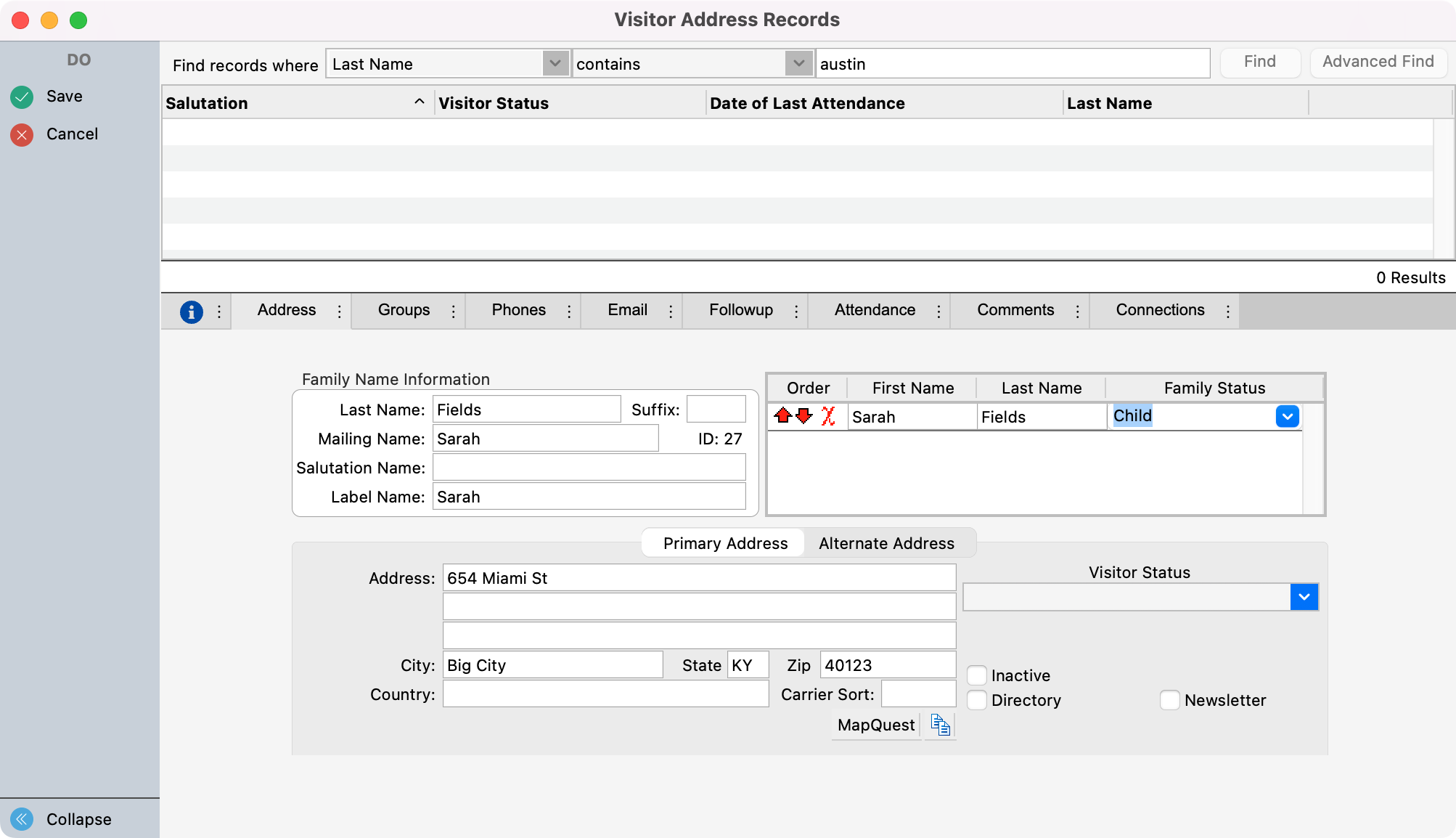 Visitor Address Records window. 