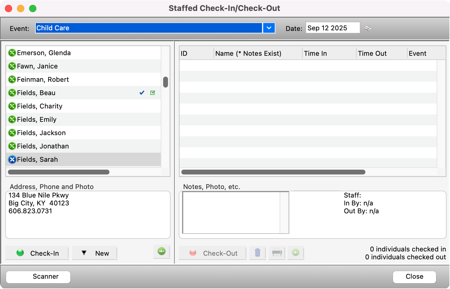 Staffed Check-In Check-Out window with the new visitor added to the individual list. 