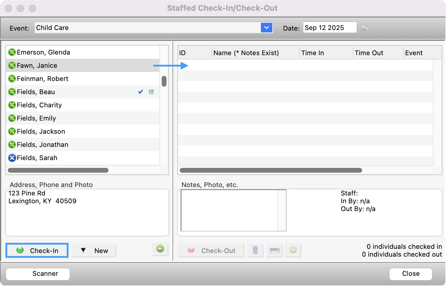 Staffed Check-In  Check-Out window highlighting a few ways to check a person in. 