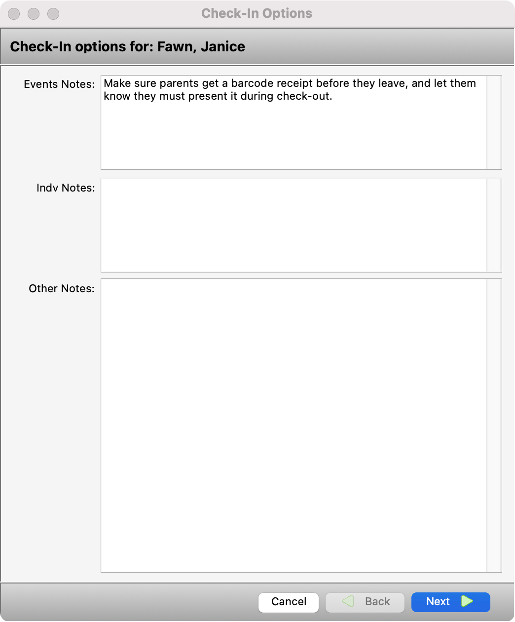 First page of check-in options.