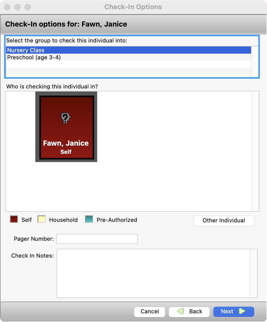 Check-In Options window with the class list highlighted. 