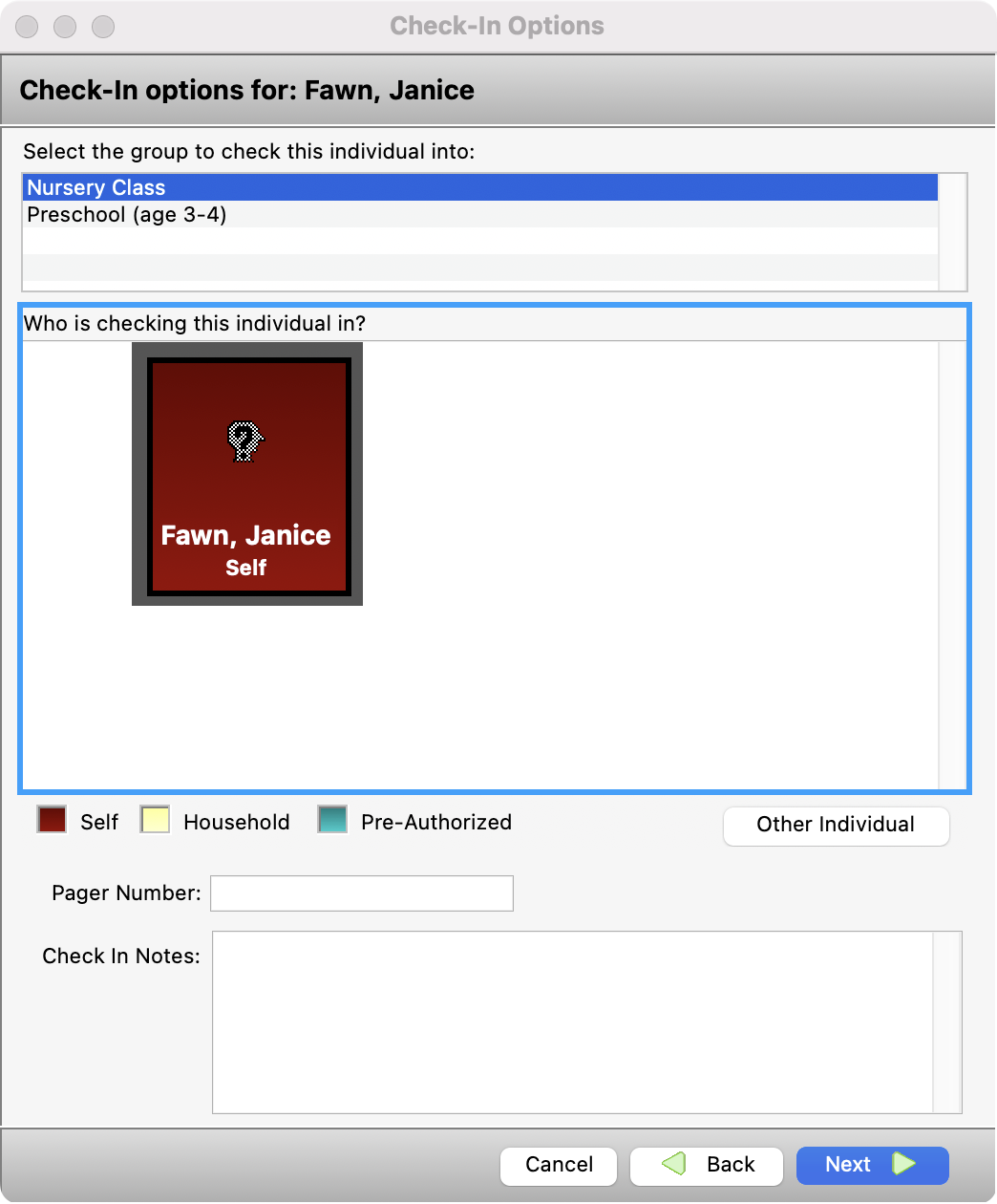 Check-In Options window with the who is checking this individual in section highlighted.