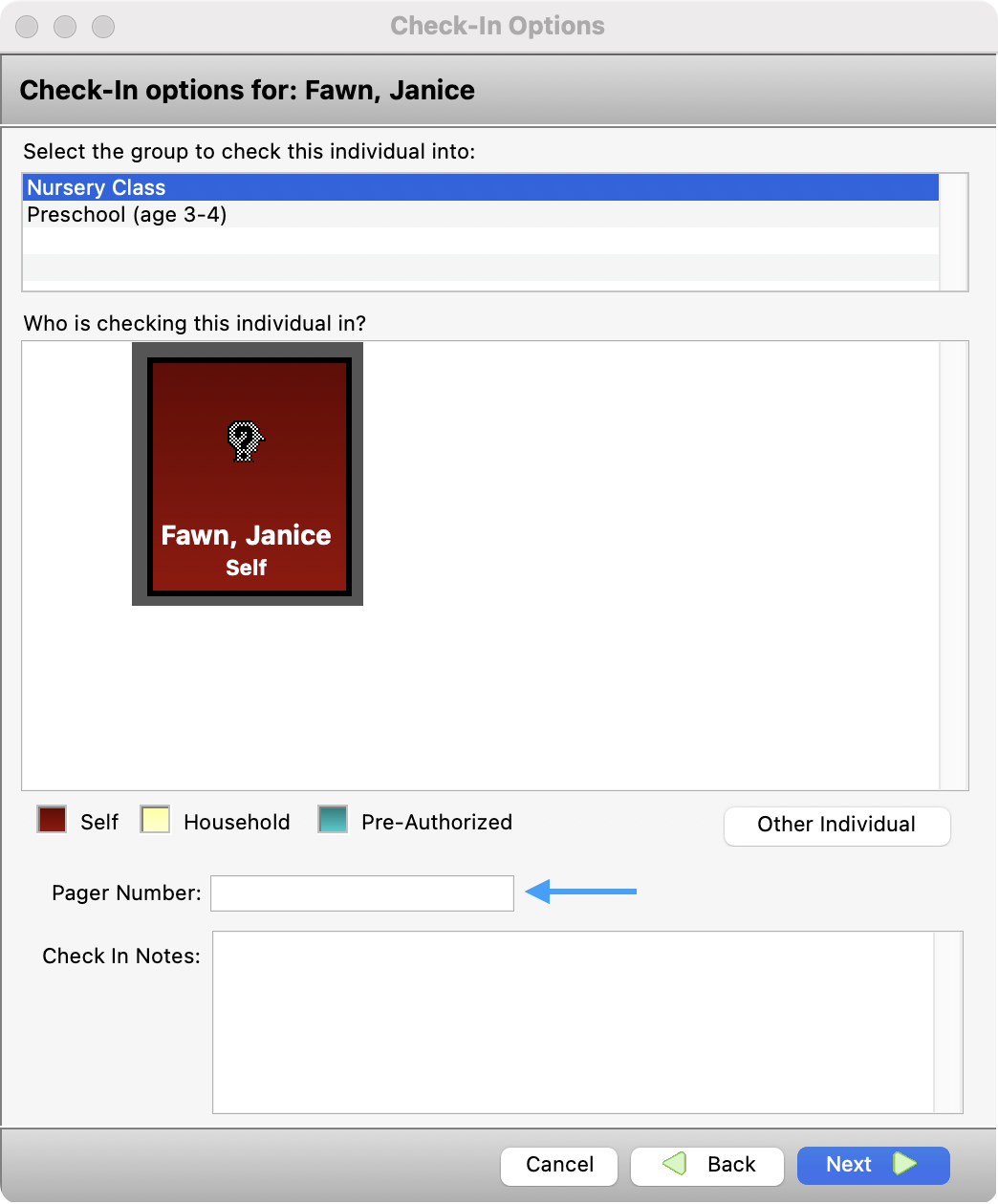 Check in options window with an arrow pointing to the pager number field.