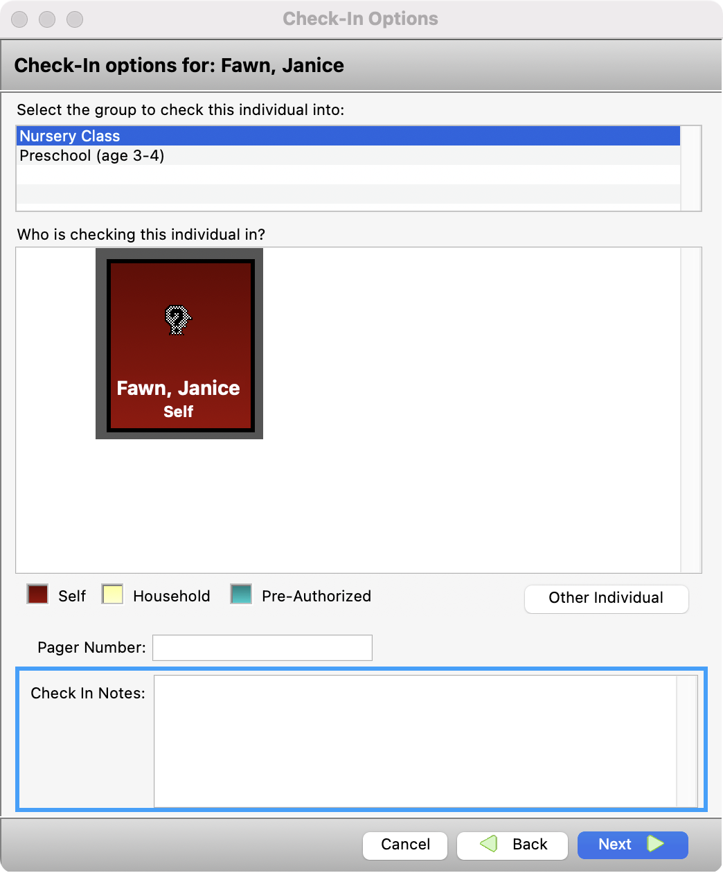 Check- in options window with the notes pane highlighted. 