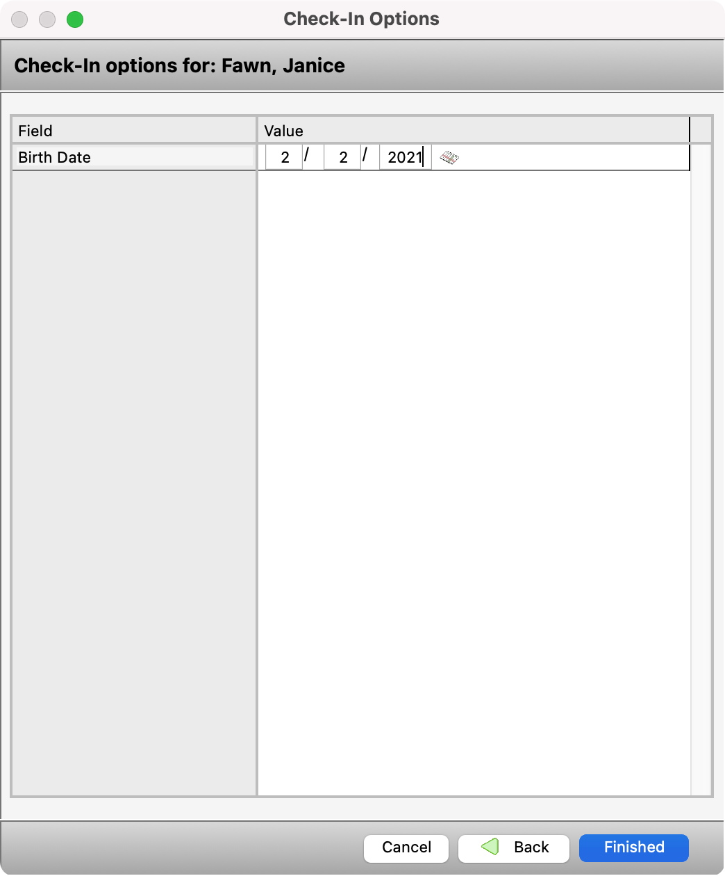 Check-In Options window showing the finish button and an example of a validation field. 